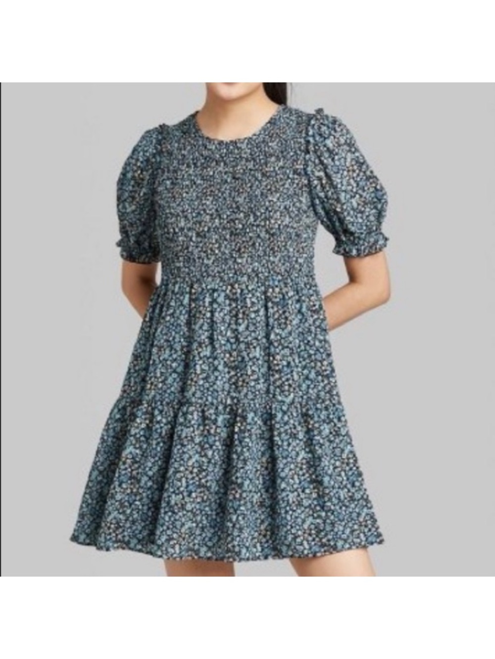 Wild Fable Blue Floral Smocked Tiered Short Sleeve Dress